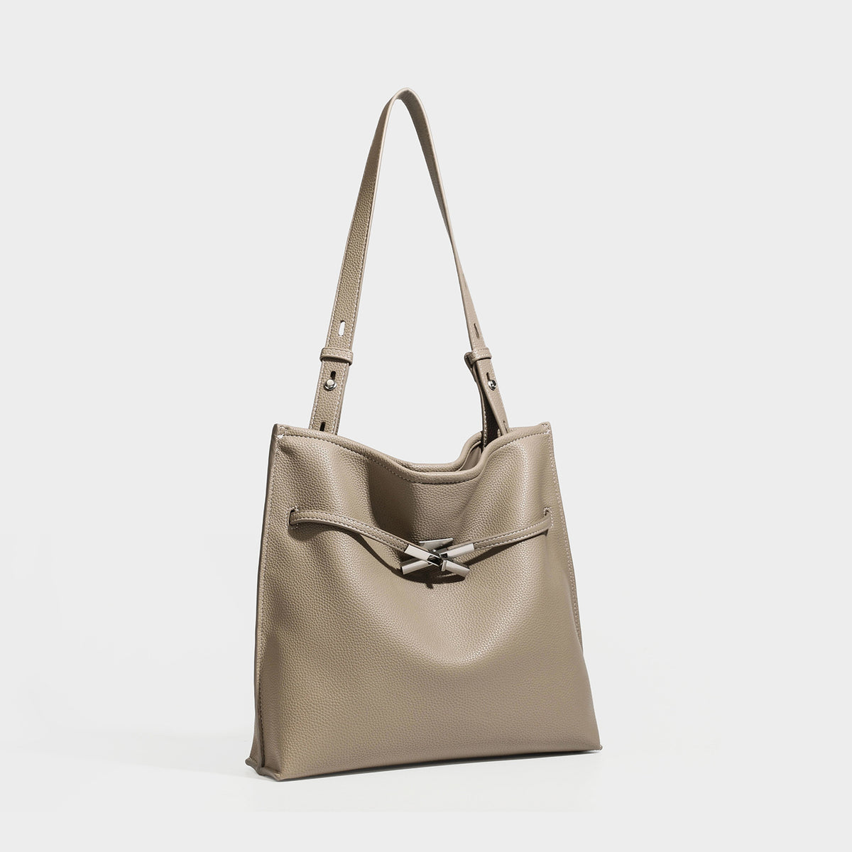 Pebbled leather-look tote bag with front toggle hardware and long shoulder strap, front view
