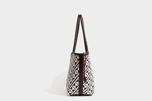 Woven geometric two-tone tote bag with braided shoulder straps and leather-look trim, detail view 39