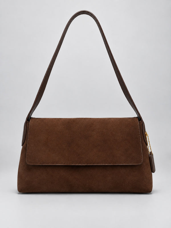 Rectangular matte suede-finish flap shoulder bag with slim dark strap and gold-tone turn-lock hardware, detail view 8