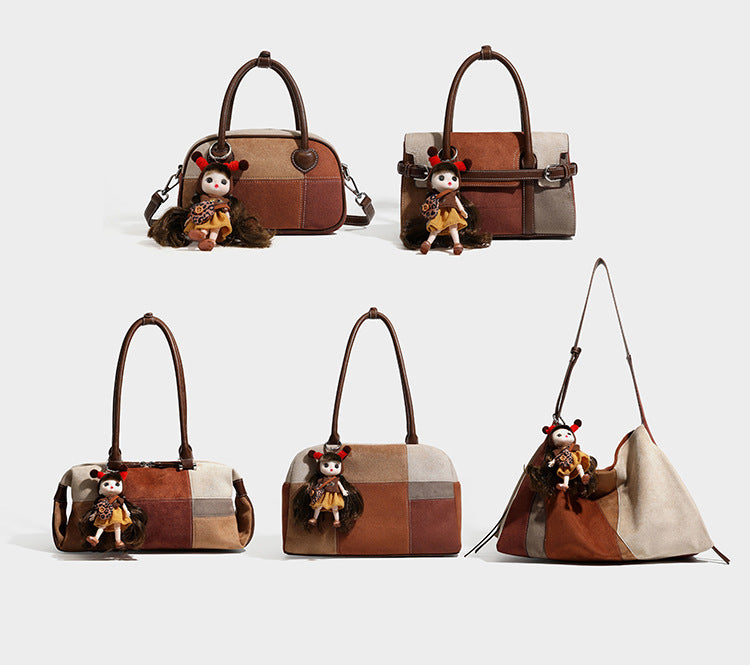 Patchwork suede-look barrel shoulder bag in brown, rust, tan, beige, and gray panels with double leather-look straps and