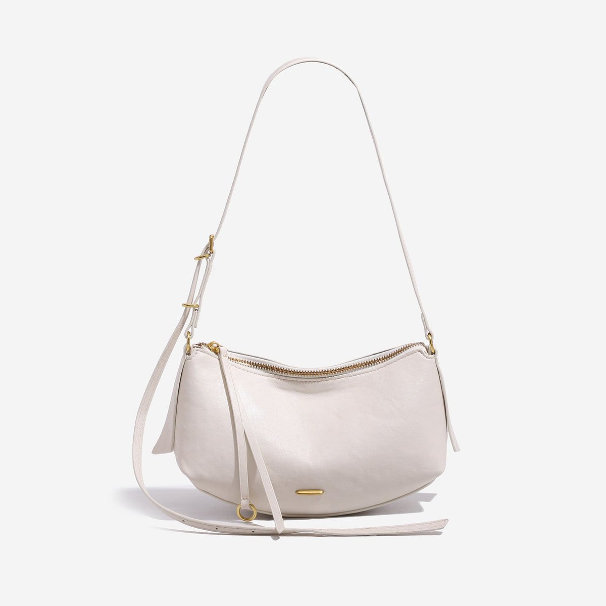 Compact soft rounded zip-top shoulder bag with gold-tone hardware and adjustable crossbody strap, front view