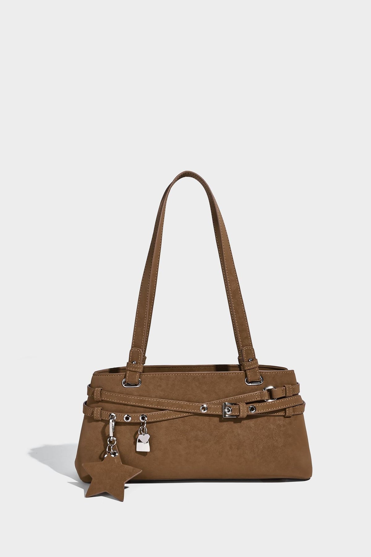 Structured trapezoid shoulder tote in dark brown matte suede-look finish with dual straps, wraparound belt bands