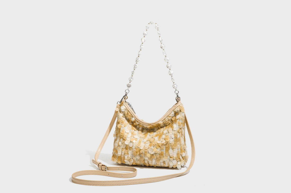 Small crescent sequin shoulder bag with pearl beaded strap and zip closure, detail view 22