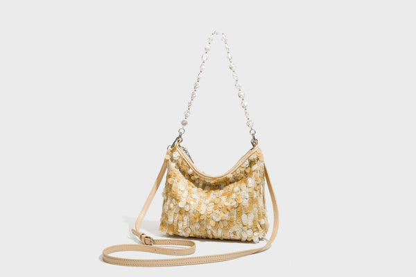 Small crescent sequin shoulder bag with pearl beaded strap and zip closure, detail view 22