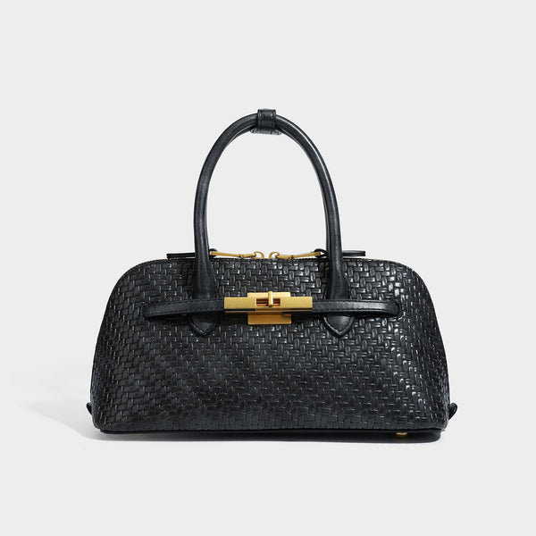 Structured woven-embossed leather-look satchel with dual rolled top handles, gold-tone turn-lock closure, and detachable