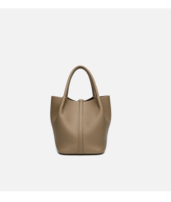 Pebbled leather-look bucket tote bag with rounded top handles and detachable shoulder strap, detail view 12