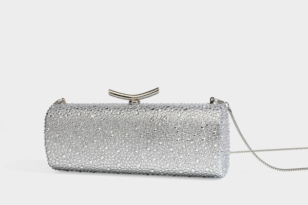 Structured rectangular hard-case clutch bag covered in all-over rhinestone crystal embellishment with curved kiss-lock top