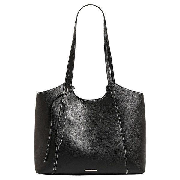 Structured open-top leather-look tote bag with long shoulder straps, contrast stitching, and side tie details, detail view 5
