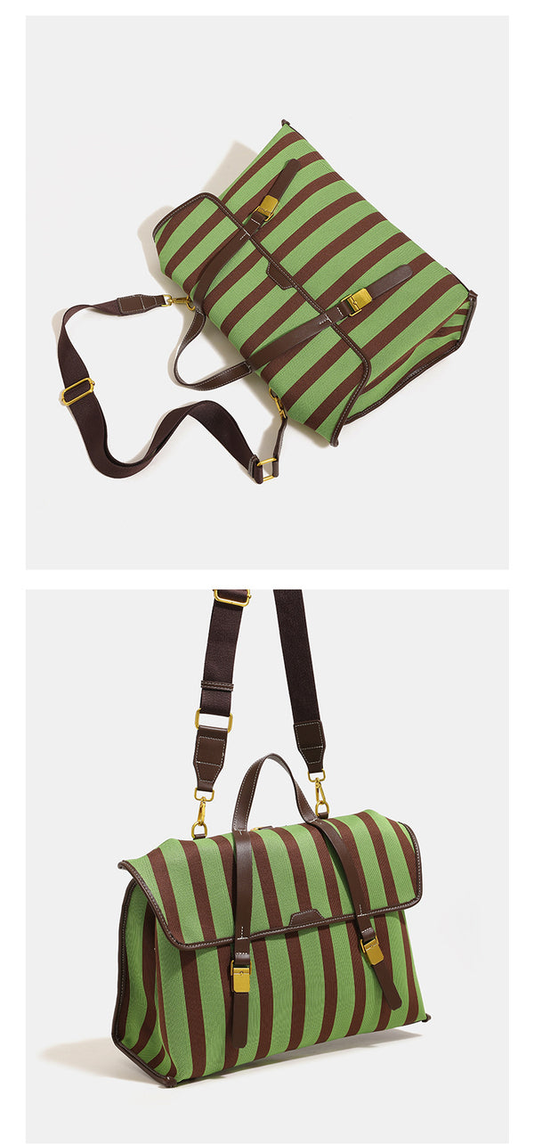 Structured striped canvas convertible satchel bag with leather-look trim, gold-tone buckle hardware, and backpack straps