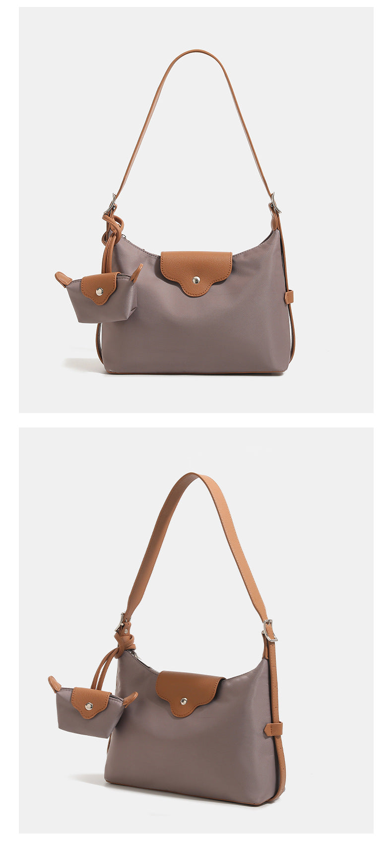 Slouchy hobo shoulder bag in smooth fabric with leather-look tan trim, zip-top closure, adjustable strap, and detachable