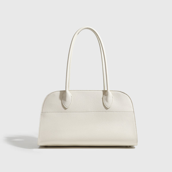 Large structured pebbled leather-look tote bag with double top handles and silver-tone hardware, detail view 6