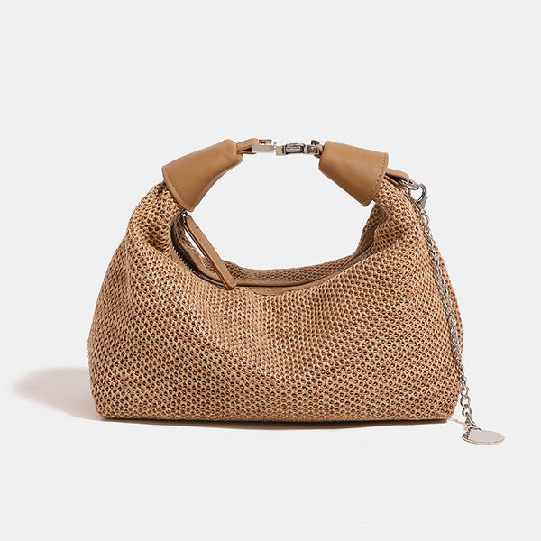 Kleine gewebte Hobo-Tasche aus Stroh mit Reißverschluss, Besatz in Lederoptik und Beschlägen in Silberoptik, Detailansicht 7
