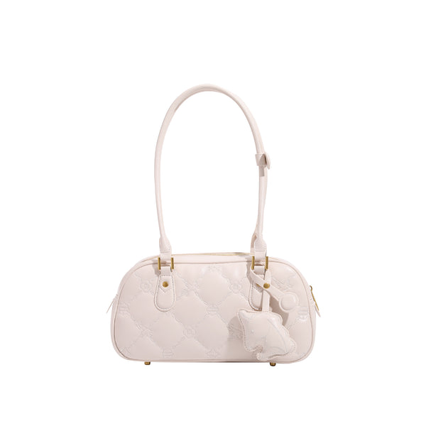 Small structured quilted leather-look zip shoulder bag with gold-tone hardware and adjustable strap, detail view 5