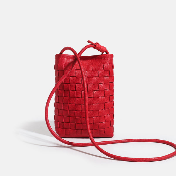 Mini woven square-pattern crossbody phone bag with long cord strap and front snap flap pocket in red textured leather-look
