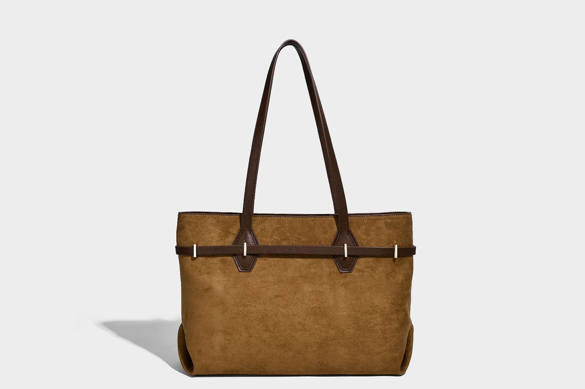 Structured suede-look shopper tote with wraparound belt strap and gold turn-lock clasp, long dark brown shoulder handles