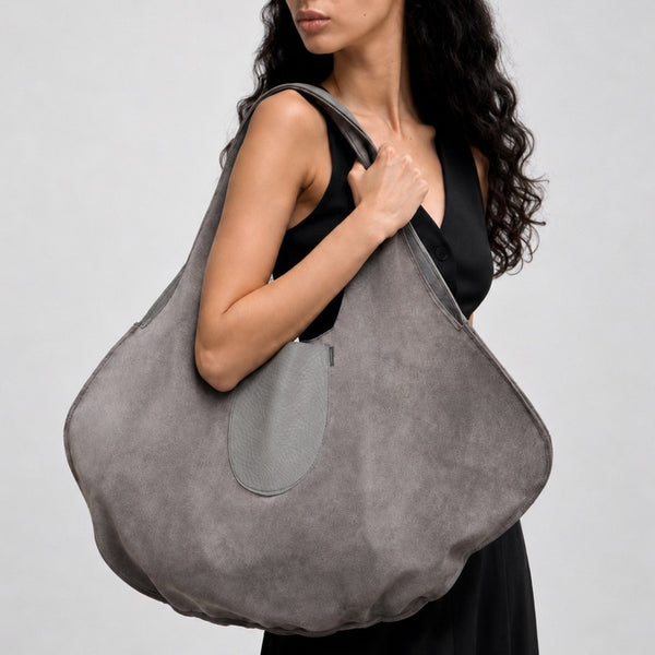 Große wendbare, weich fallende Hobo-Tote-Bag mit integriertem Schlaufenhenkel in Tropfensilhouette, Vorderansicht