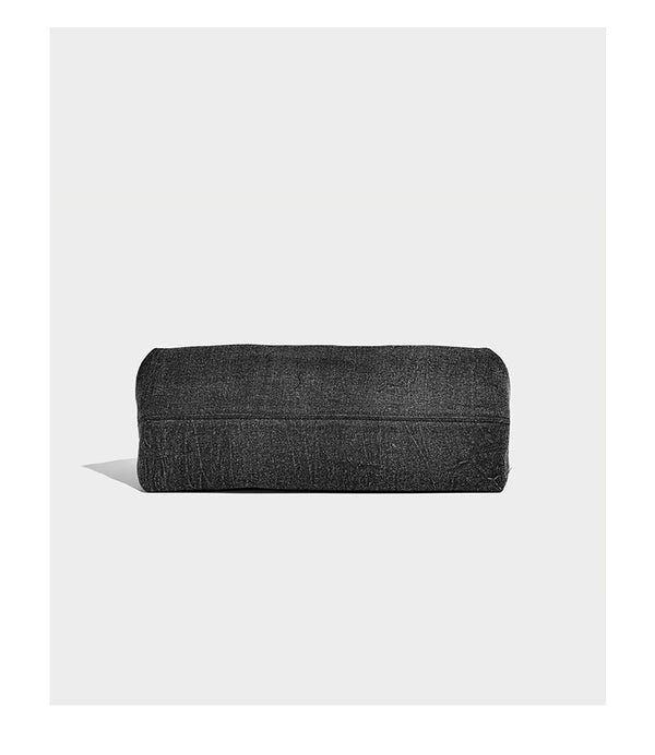 Charcoal denim-textured slouchy hobo bag with zip-top closure, silver-tone hardware, and adjustable leather-look crossbody