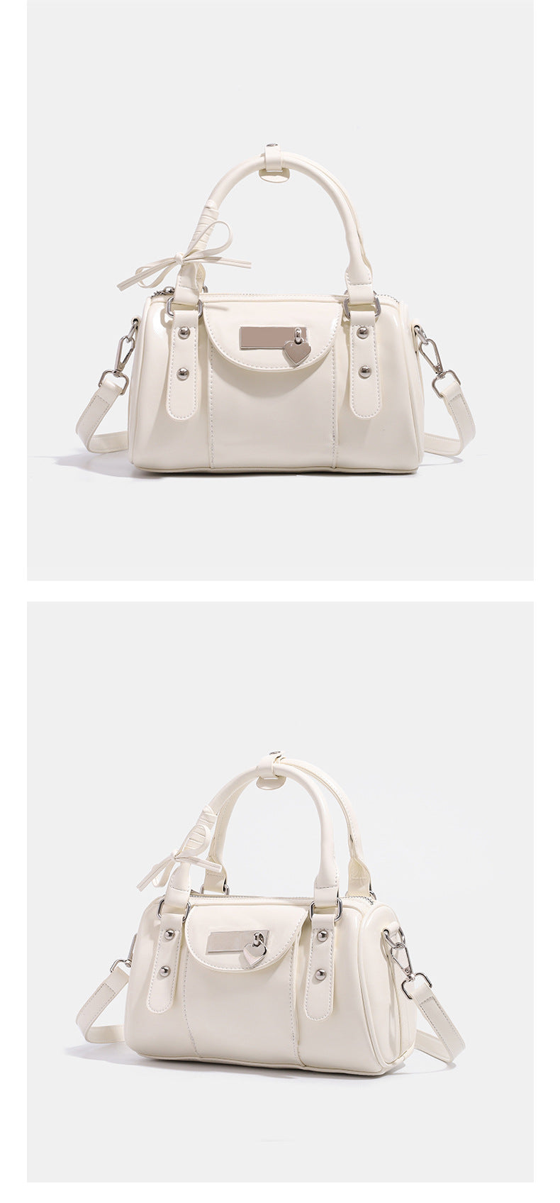 Kleine, formstabile Glanzledertasche mit zwei Henkeln, vorderer Klappentasche, herzförmigem Charm-Verschluss und silberfarbenem