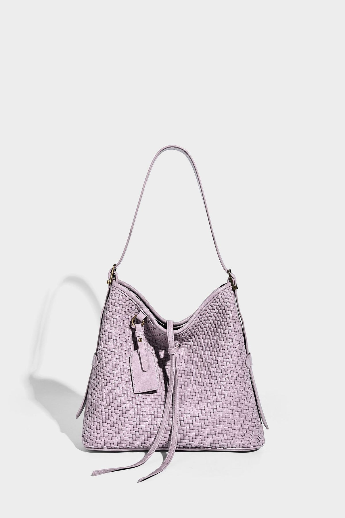 Slouchy woven-texture bucket shoulder bag with tassel tie closure and gold-tone hardware, detail view 22