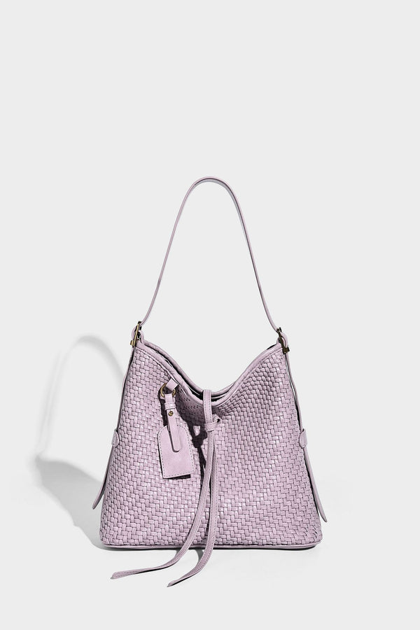 Slouchy woven-texture bucket shoulder bag with tassel tie closure and gold-tone hardware, detail view 22