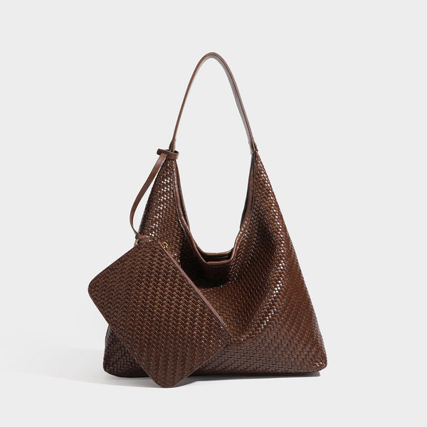 Slouchy woven leather-look hobo tote bag in brown with detachable zip pouch and gold-tone hardware, front view