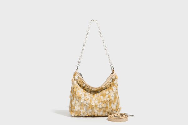 Small crescent sequin shoulder bag with pearl beaded strap and zip closure, detail view 23