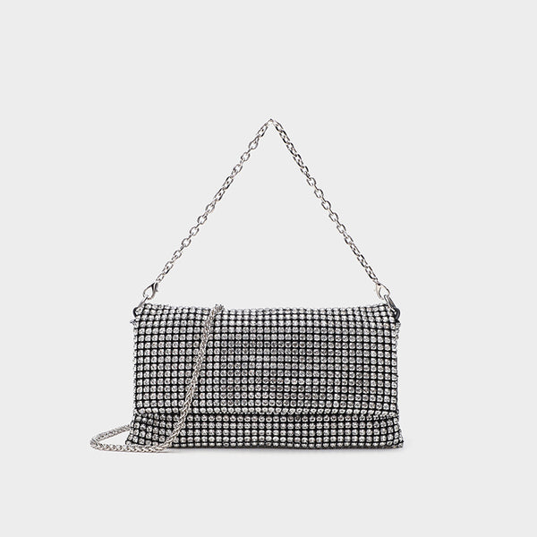 Small rectangular all-over rhinestone flap crossbody clutch bag with silver chain strap, front view