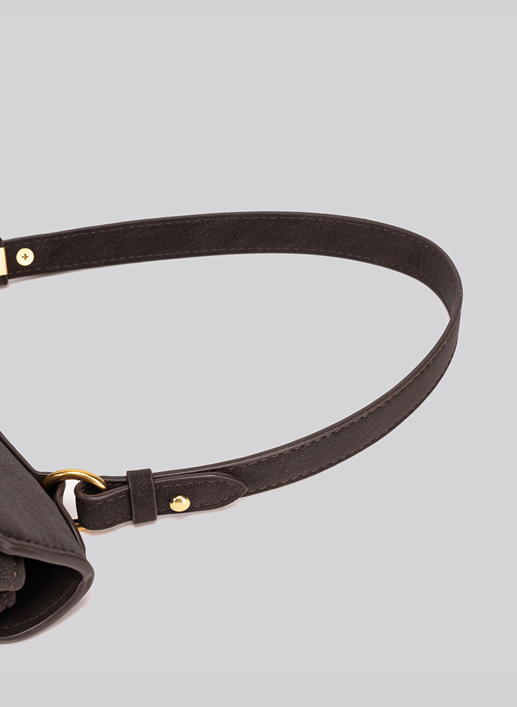 Structured dark brown flap satchel with gold-tone turn-lock hardware and detachable shoulder strap, detail view 22