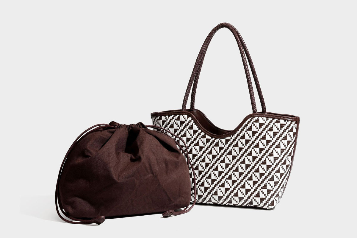 Woven geometric two-tone tote bag with braided shoulder straps and leather-look trim, detail view 37