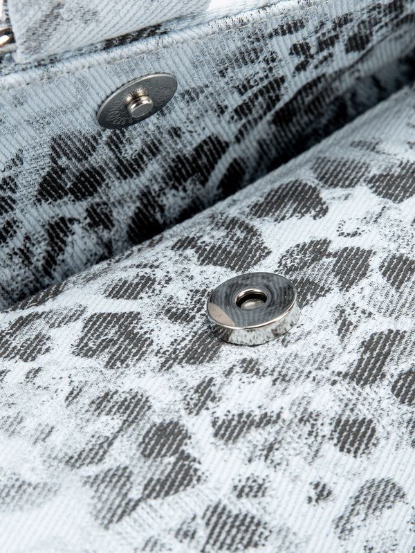 Small washed leopard print shoulder bag in blue-grey with silver buckle strap and stud accents, detail view 13