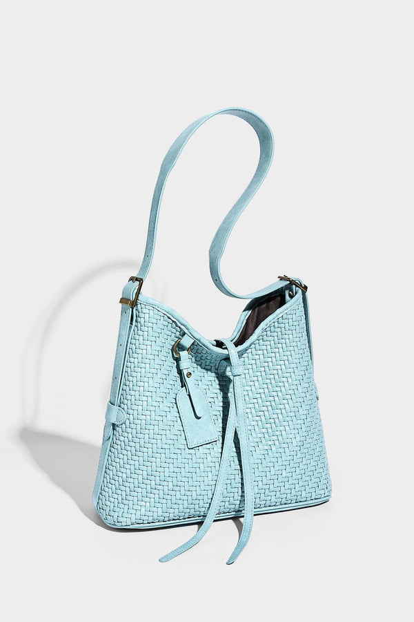 Slouchy woven-texture bucket shoulder bag with tassel tie closure and gold-tone hardware, detail view 31
