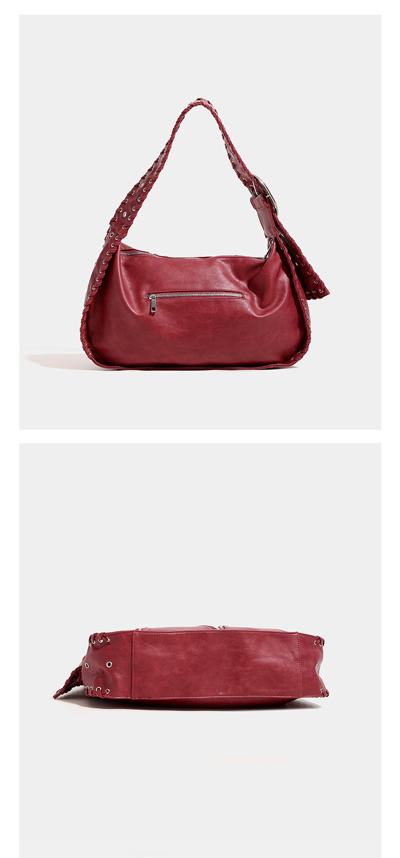 Slouchy hobo shoulder bag with wide braided eyelet strap, multiple front zip compartments, and silver-tone ring buckle