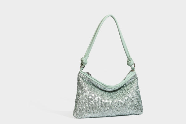Small sequin hobo shoulder bag with knotted strap and zip closure, detail view 37