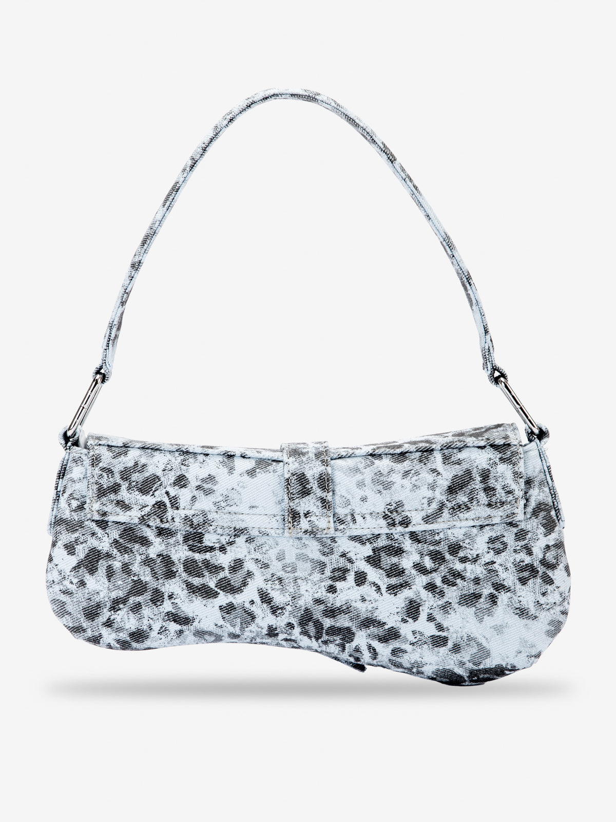 Small washed leopard print shoulder bag in blue-grey with silver buckle strap and stud accents, detail view 10