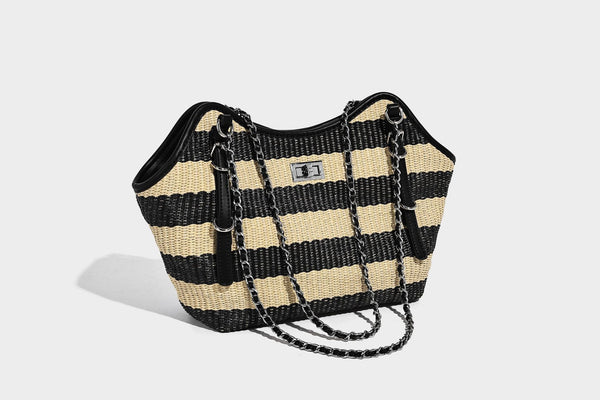 Black and natural striped woven tote bag with chain shoulder strap and silver-tone turn-lock hardware, detail view 16