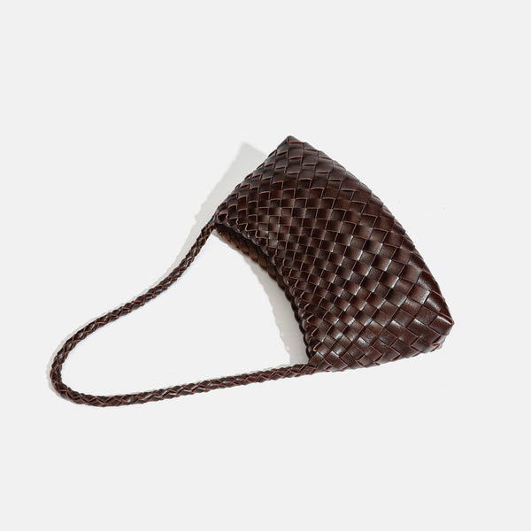 Dark brown hand-woven leather-look hobo shoulder bag with braided strap and drawstring closure, detail view 4