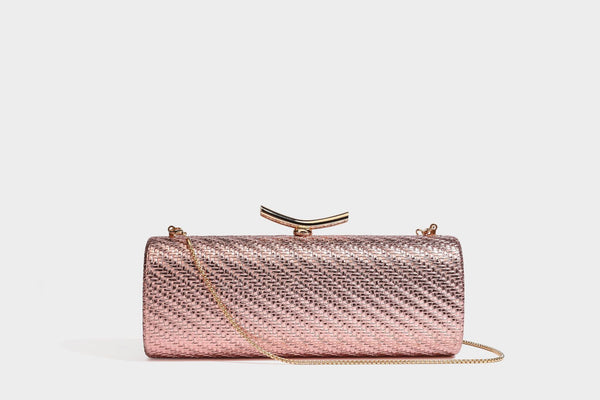 Strukturierte metallische Abend-Clutch mit gewebter Optik, geschwungenem goldfarbenem Kiss-Lock-Verschluss und abnehmbarem schmalem goldfarbenem Kettenriemen