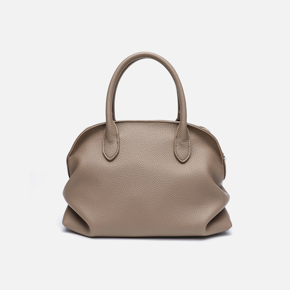 Rounded dome shell handbag in pebbled leather-look finish with twin top handles, zip closure, decorative horse charm, and