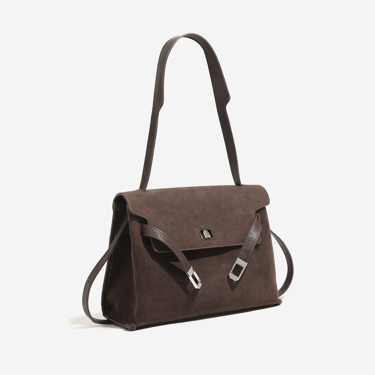Structured retro flap satchel bag with turn-lock closure, adjustable shoulder strap, and silver-tone hardware, detail view 2
