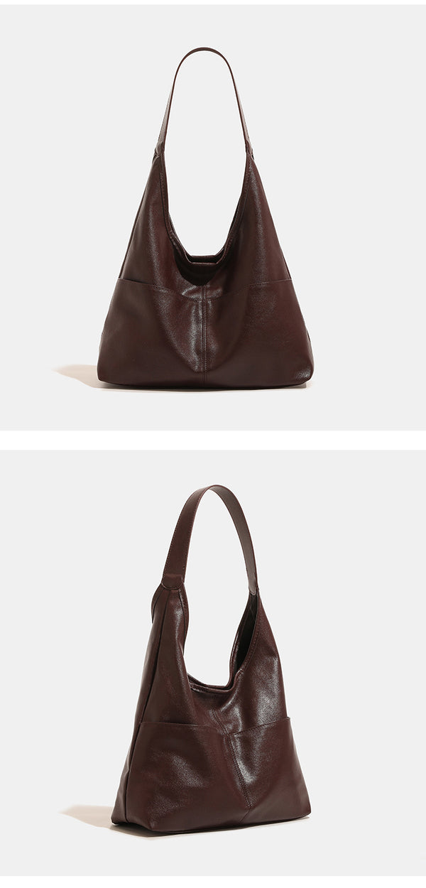 Oversized slouchy hobo tote bag in dark brown smooth matte leather-look finish with long flat shoulder strap and panelled