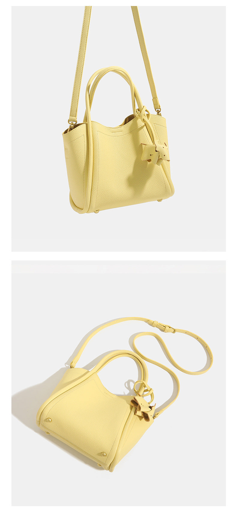 Small structured pebbled leather-look bucket tote bag with bow charm tie closure and gold-tone hardware, detail view 12