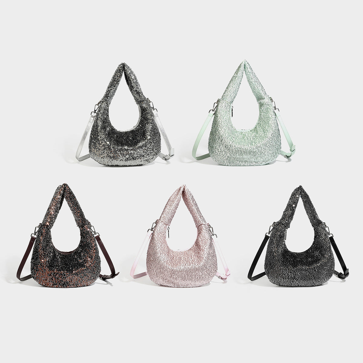 Slouchy teardrop hobo shoulder bag with all-over metallic sequin finish and silver-tone hardware, detail view 2