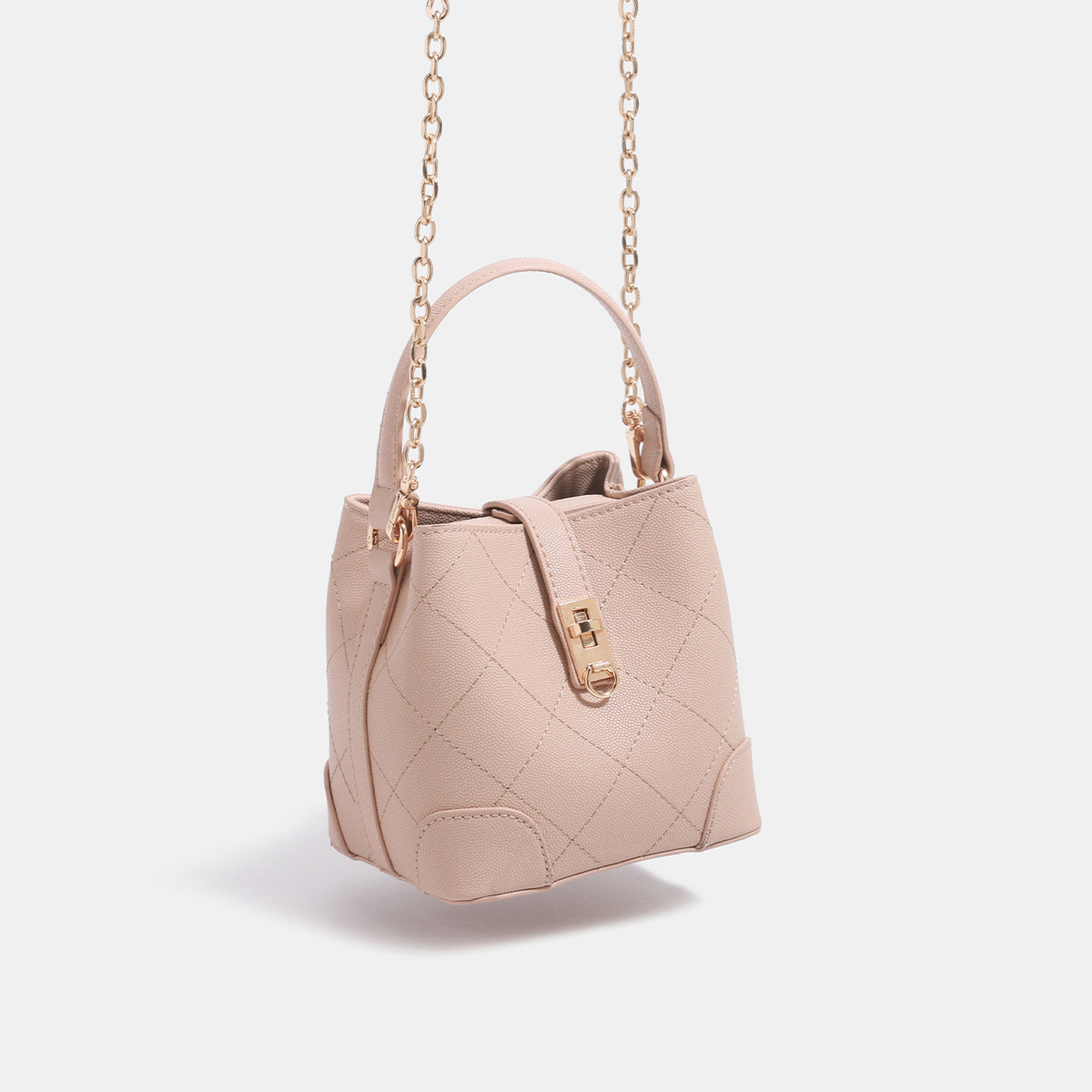Mini diamond-quilted pebbled-finish bucket bag with gold-tone turn-lock closure and top handle, detail view 3