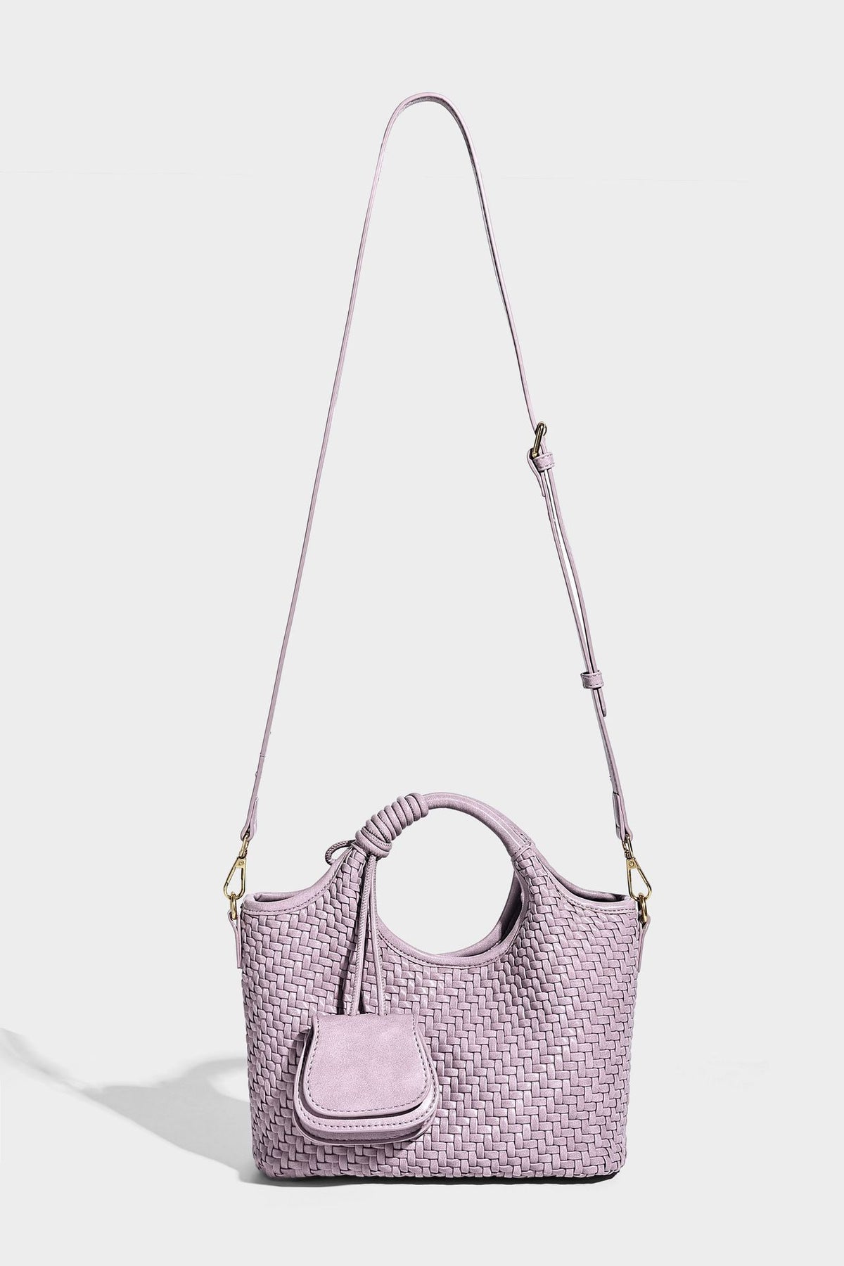 Woven texture tote bag with knotted top handles, attached front mini pouch, and gold-tone hardware, detail view 23