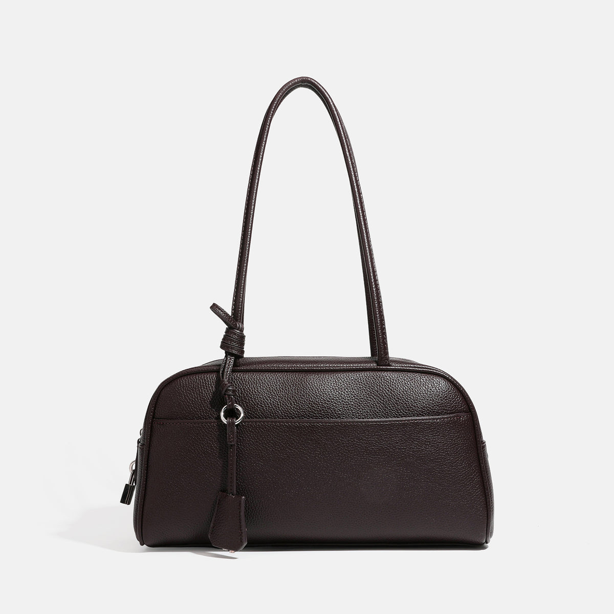 Structured rounded rectangular shoulder bag with pebbled leather-look finish, dual long handles, top zipper, front zip, front