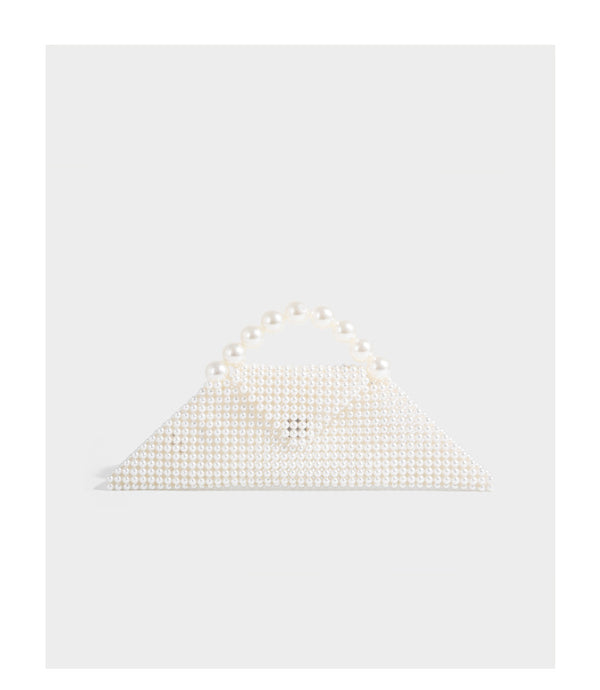 Small structured triangle clutch bag covered in glossy pearl beads with an arched pearl top handle and silver snap closure