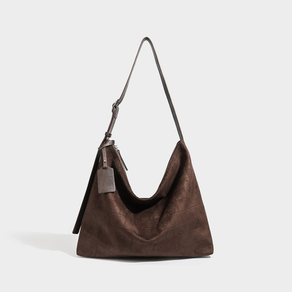 Slouchy hobo shoulder bag in matte croc-embossed leather-look finish with top zip closure and long adjustable strap, detail
