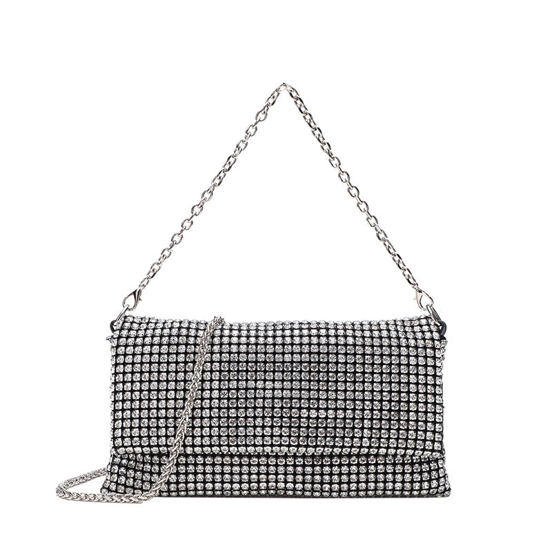 Small rectangular all-over rhinestone flap crossbody clutch bag with silver chain strap, detail view 5