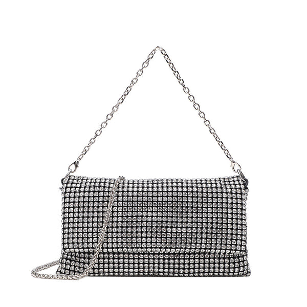 Small rectangular all-over rhinestone flap crossbody clutch bag with silver chain strap, detail view 5