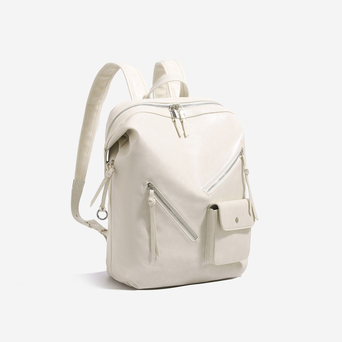 Structured smooth leather-look backpack handbag with dual top zip closure, diagonal front zip pocket, snap-flap mini pocket